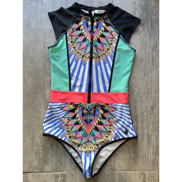 $128 BODY GLOVE Look At Me Stand Up Surf Suit Swimsuit Neon One Piece Zip L - Picture 4 of 9